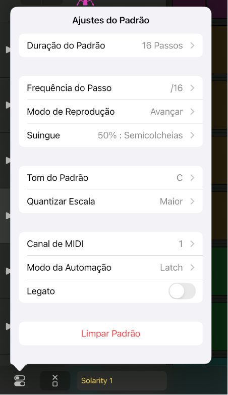 Menu Ajustes do Padrão.
