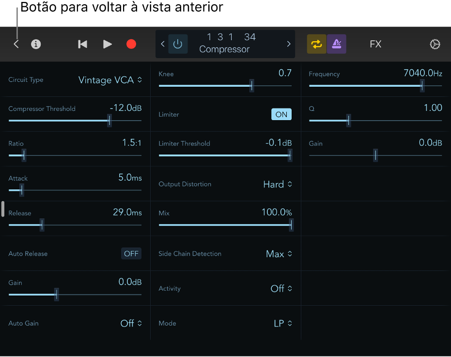 Figura. Ilustração dos controlos do plug-in Compressor.