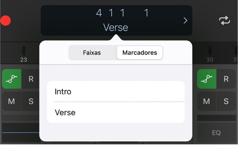 Figura. A lista de marcadores por baixo da barra de controlo.
