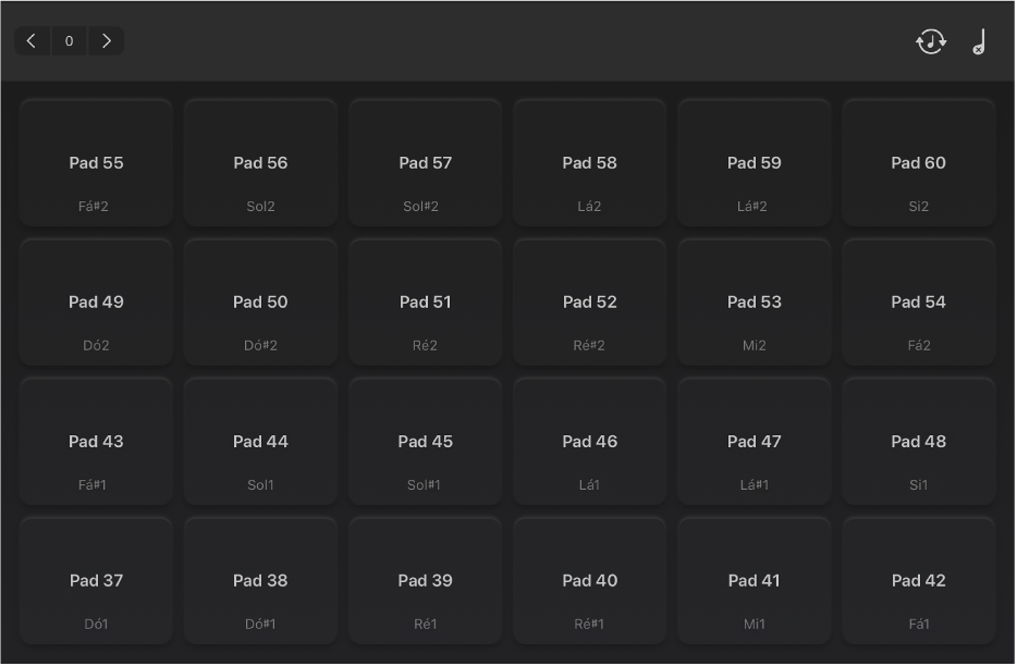 Figura. Pads de bateria na vista de ecrã completo.