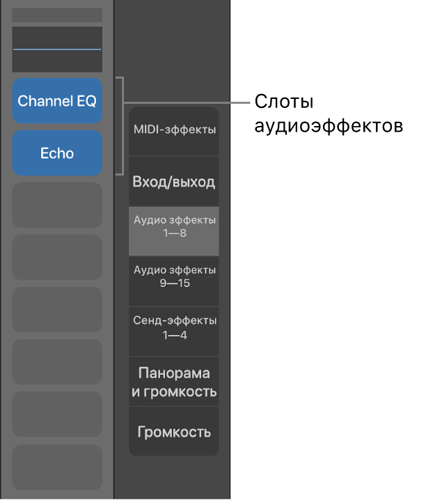 Рисунок. Подсказка, указывающая слоты аудиоэффектов.