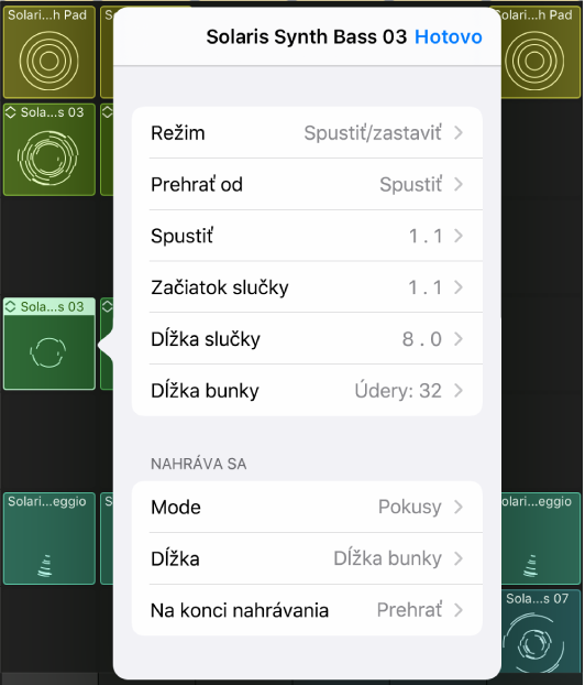 Menu nastavení bunky.
