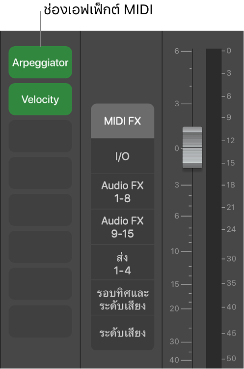 ภาพ คำบรรยายที่แสดงช่องเอฟเฟ็กต์ MIDI