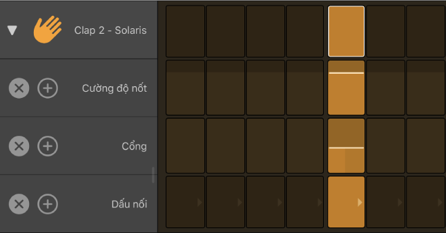 Bộ tạo trình tự cung với hàng đang mở, đang hiển thị các hàng phụ.