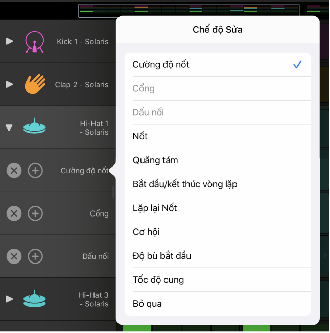 Hàng phụ đang hiển thị menu Chế độ sửa.