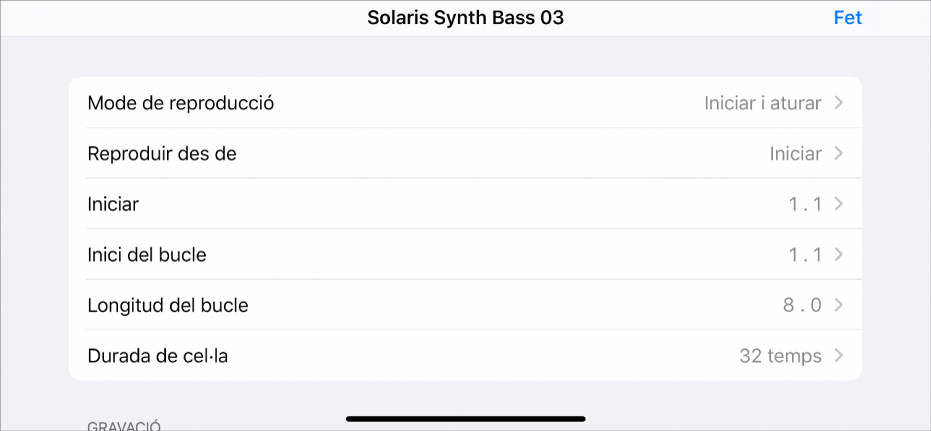 Menú de configuració de cel·les.