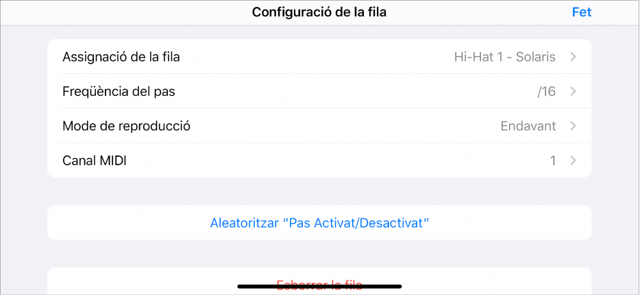 Menú “Configuració de la fila”.