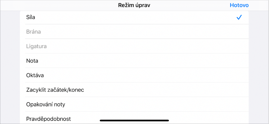 Vnořený řádek se zobrazenou nabídkou režimů úprav