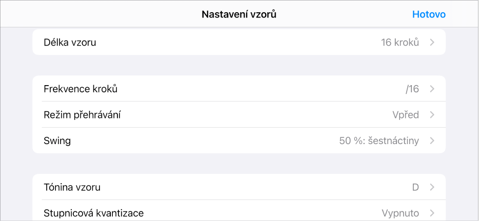 Nabídka nastavení vzoru