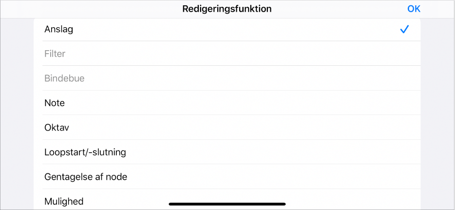 Underrække, der vises menuen Redigeringsfunktion.