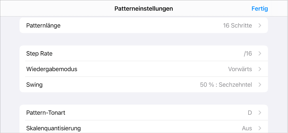 Menü „Patterneinstellungen“.
