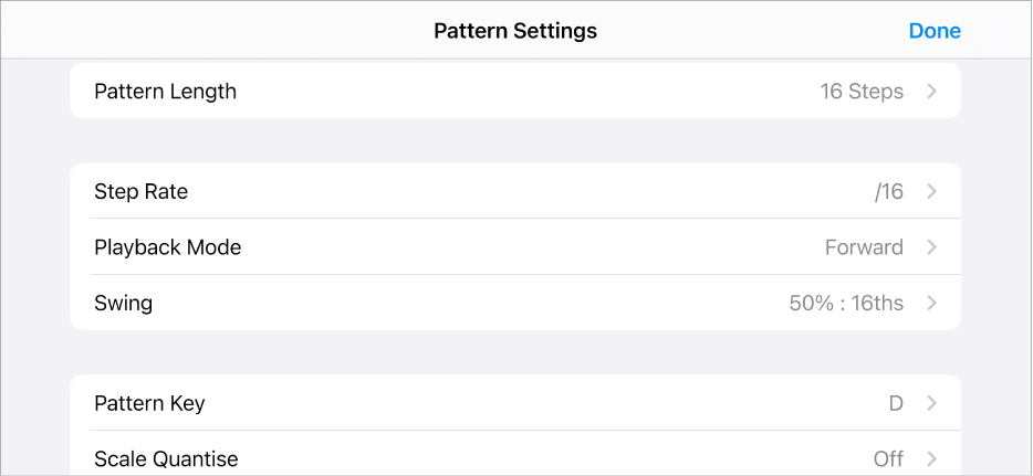 Pattern Settings menu.