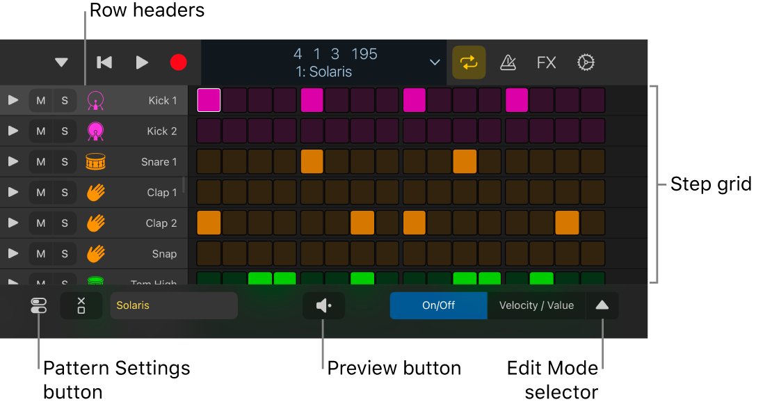 Step Sequencer showing the step grid, row headers, and other controls.