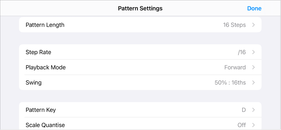 Pattern Settings menu.