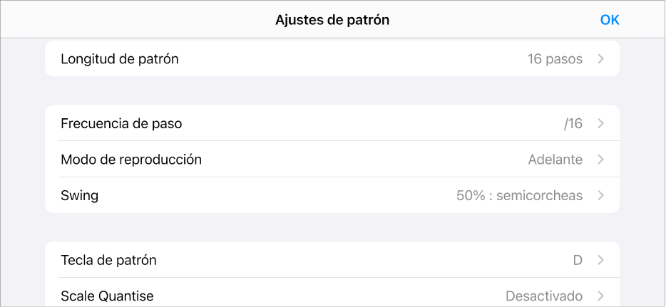 Menú “Ajustes de patrón”.