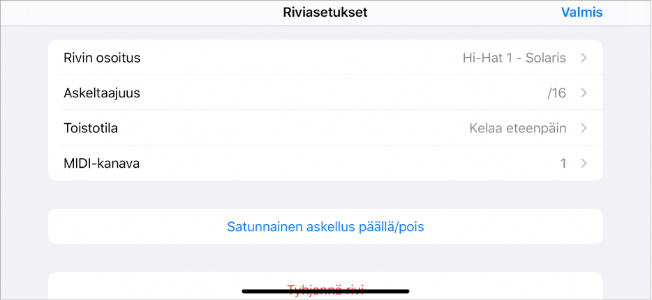 Rivin asetukset -valikko.