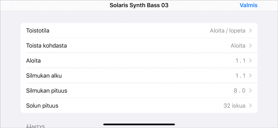 Solun Asetukset-valikko.