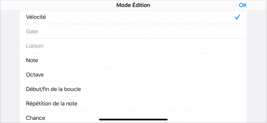 Sous-rangée affichant le menu Mode Édition