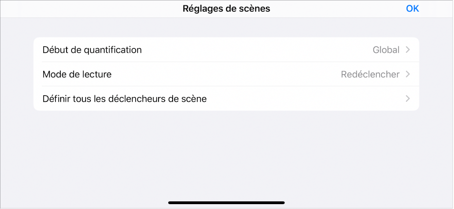 Menu de scène Réglages.