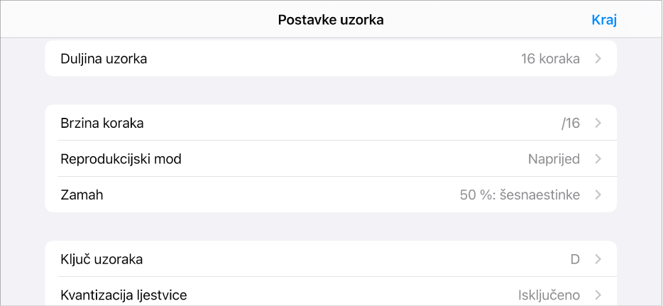 Izbornik postavki uzorka.