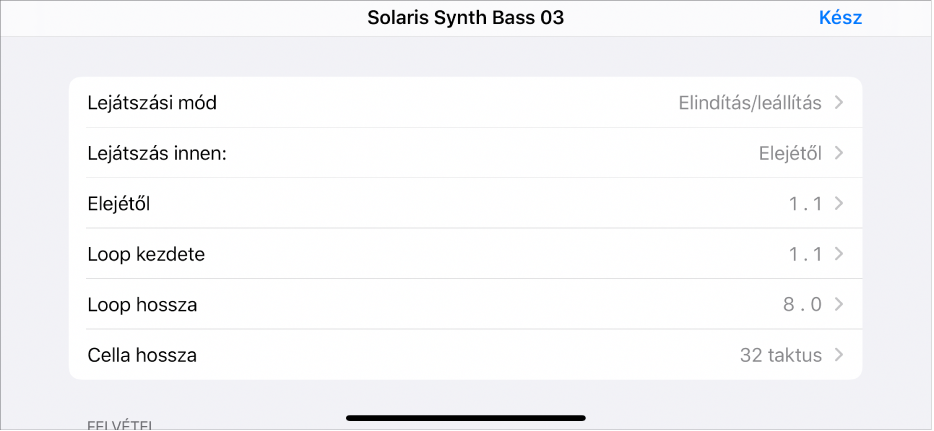 Cellához tartozó Beállítások menü.