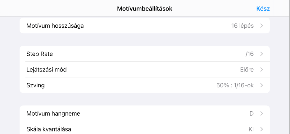 A Mintabeállítások menü.