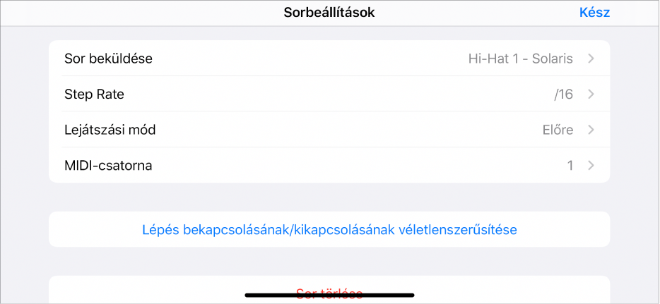 A Sorbeállítások menü.