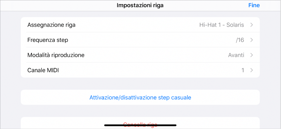 Menu delle impostazioni della riga.