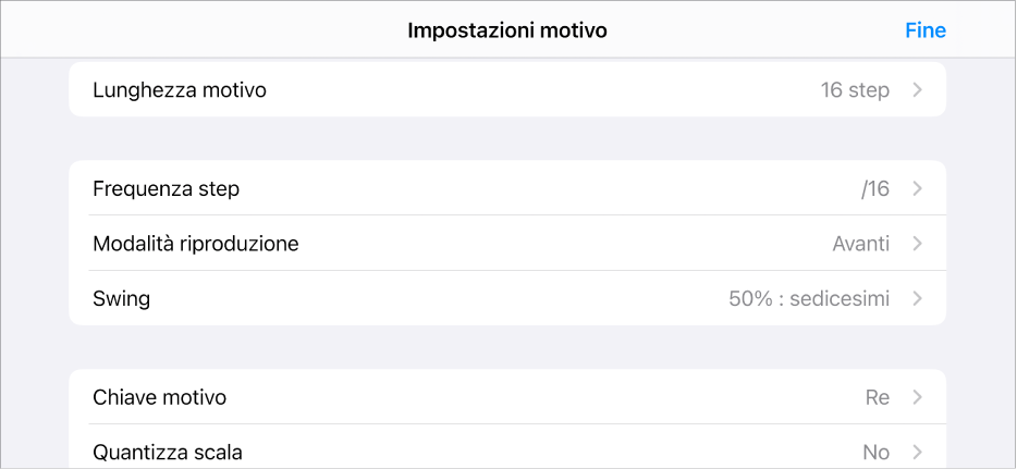 Menu delle impostazioni del motivo.