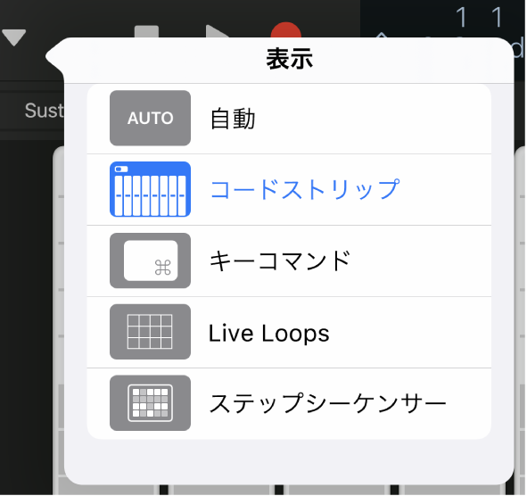 図。「表示」ポップアップメニュー。