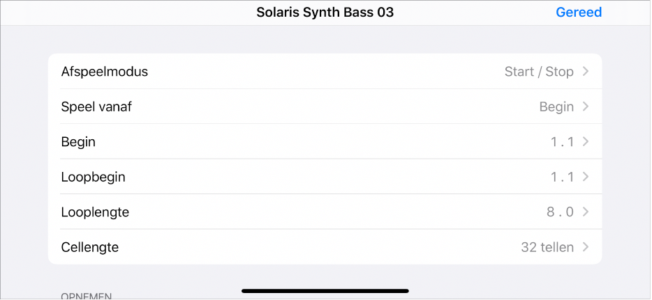 Instellingenmenu voor cellen.