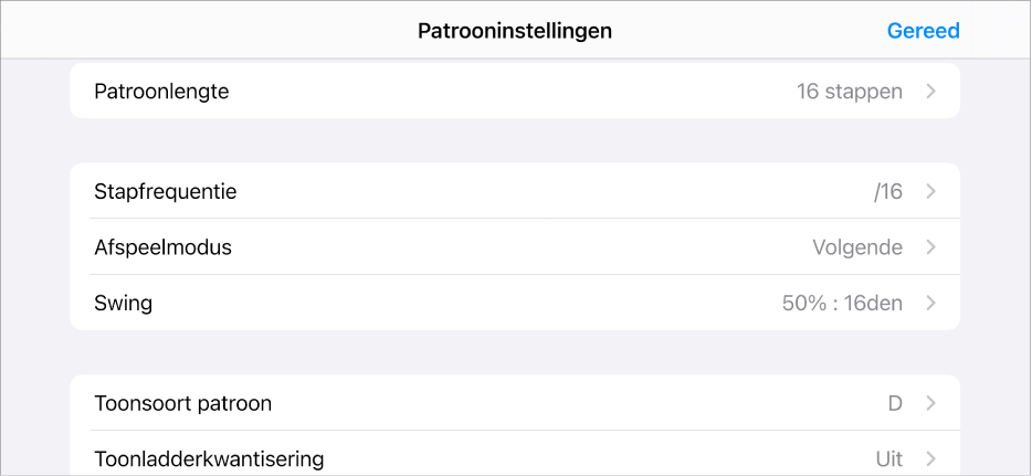 Het menu 'Patrooninstellingen'.