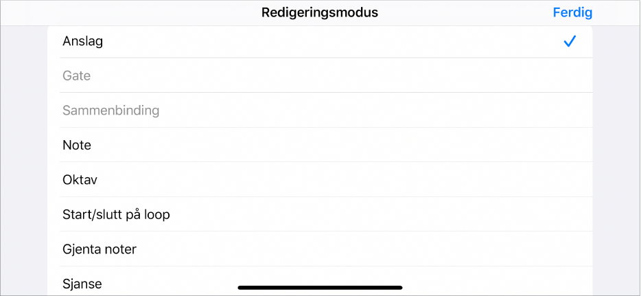 Underrad som viser Redigeringsmodus-menyen.