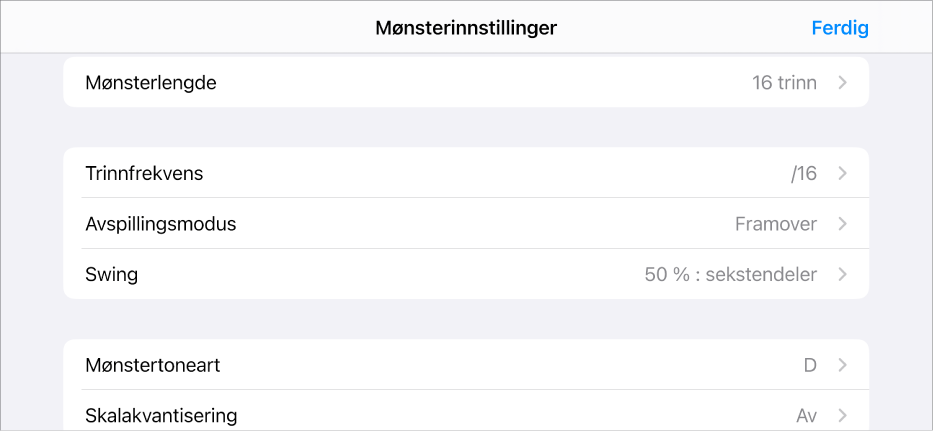 Mønsterinnstillinger-meny.