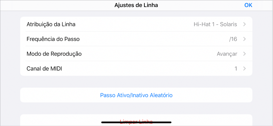 Menu Ajustes de Linha.