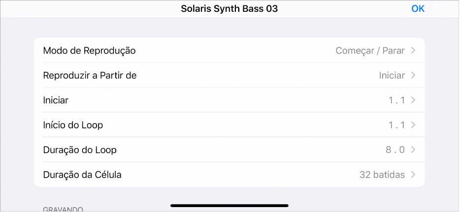 Menu de Ajustes da Célula.
