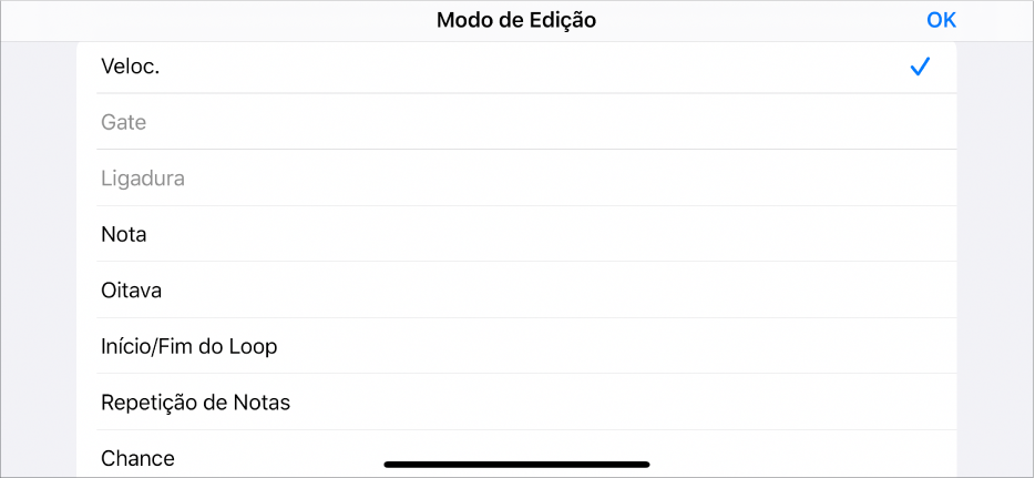 Sublinha mostrando o menu Modo de Edição.