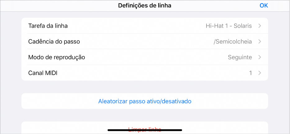 Menu Definições de linha.
