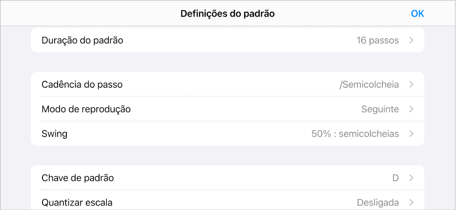 Menu Definições de padrão.