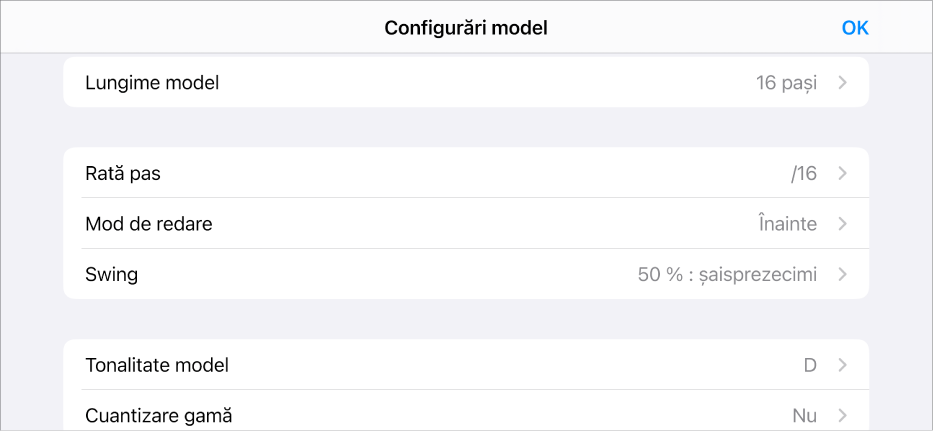 Meniul Configurări model.