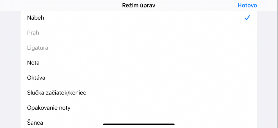 Vedľajší riadok so zobrazeným menu Režim úprav.