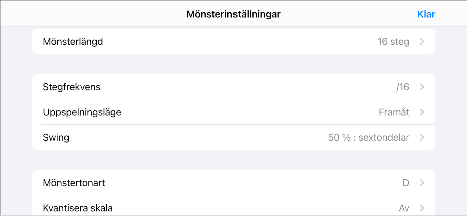 Menyn Mönsterinställningar.