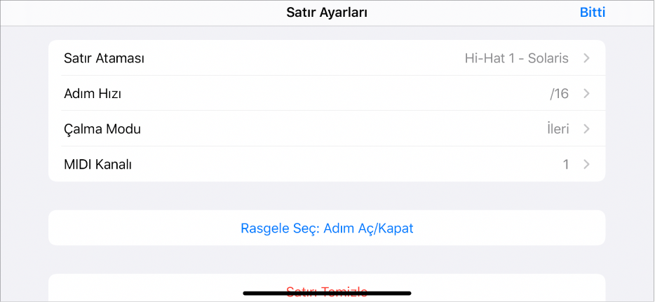 Satır Ayarları menüsü.
