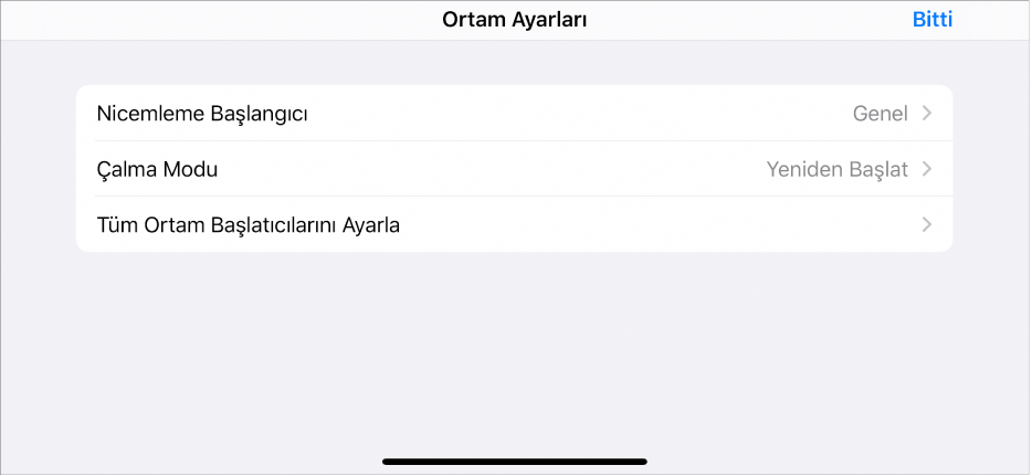 Ortam ayarları menüsü.