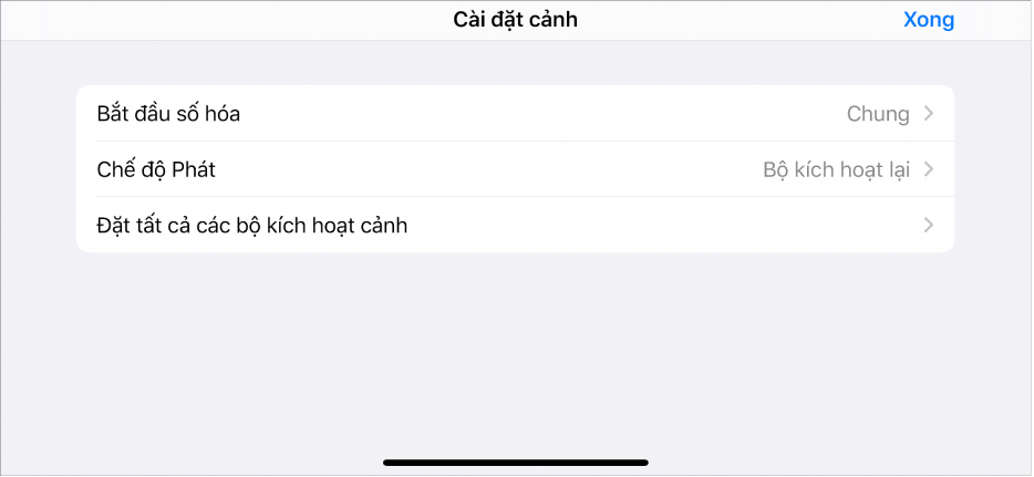 Menu Cài đặt cảnh.