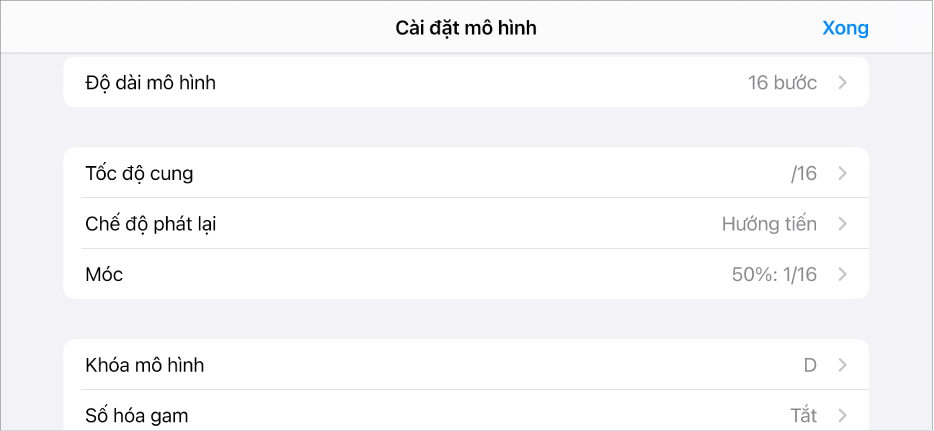 Menu Cài đặt Mô hình.