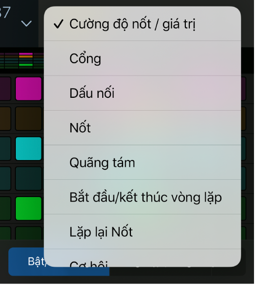 Bộ chọn Chế độ sửa với menu được mở, đang hiển thị các chế độ sửa.