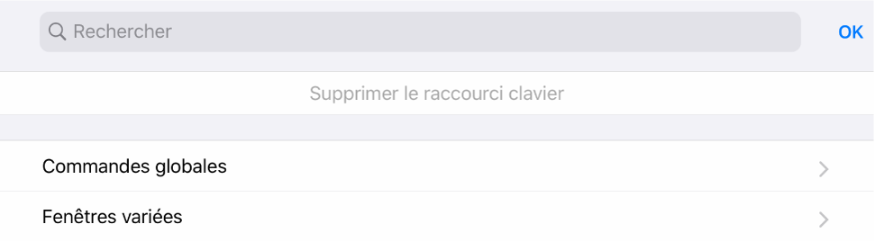Figure. Feuille Raccourcis clavier.