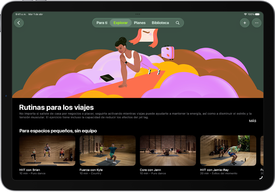 La pantalla de Apple Fitness+ mostrando una colección de recuperación consciente. El nombre de la colección y la descripción están en el centro de la pantalla. Debajo del nombre de la colección están las filas de entrenamientos.