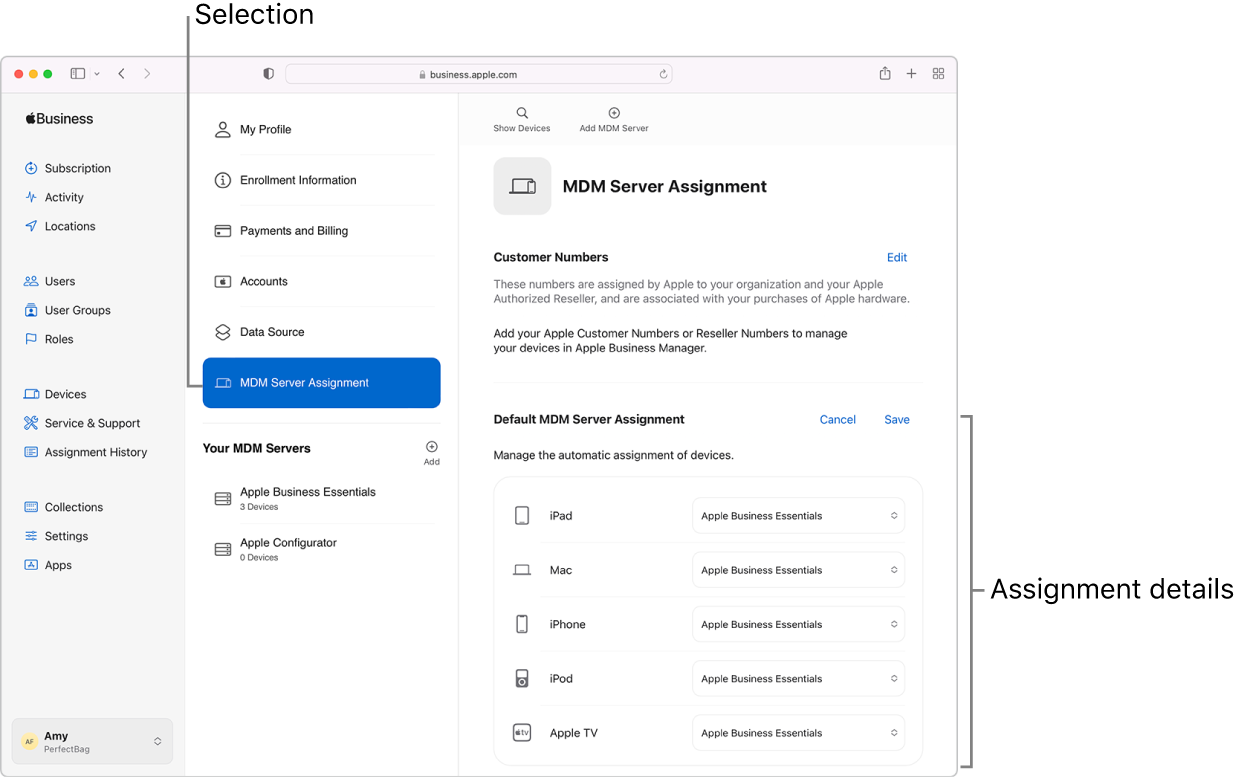 A screenshot of the Apple Business Essentials window, with the Device Management Service Assignment open to a pane for setting default device assignments.
